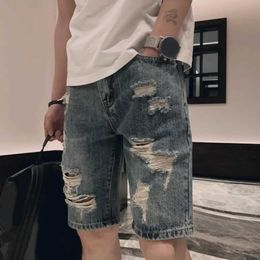 Men's Shorts Summer tear hole denim shorts with mid pocket zipper button fly leg length knee length mens short jeans J240407