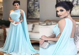 One Shoulder Light Sky Blue celebrity Evening Dresses with cape Chiffon Illusion Backless Floor Length Arabic formal prom party go6158471