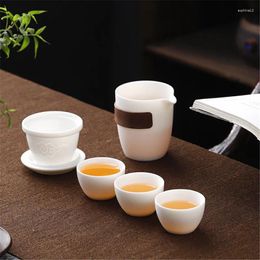 Teaware Sets 2024 Lanolin Jade Porcelain Boutique White Tea Set Travel One Pot Three Cup Portable Bag Beverage Gift