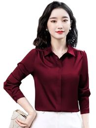 Fashion Woman Blouse Office Lady Long Sleeve Lapel Silk Satin Shirts Elegant Female Basic Tops Casual Clothing 240407