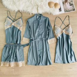 Home Clothing Summer Women Pyjamas Nightwear Lace Satin Patchwork 4PCS Pajamas Suit Intimate Lingerie Sexy Sleep Set