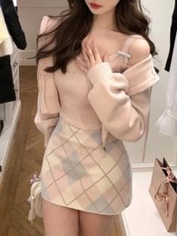 Winter Kawaii Knitted 3 Piece Set Women bow Sweet Elegant Skirt Suit Female Long Sleeve Coat Pink Vest Plaid Mini 2023 240401