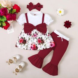 Clothing Sets 3PCS Clothes Set Toddler Girl Short Sleeved Skirt Top With Bow Flared Pants Headwear Fashion Lovely Outfit For Kids 1-3 Years