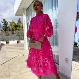 Casual Dresses Long Sleeve Evening Dress Lace Cutout Elegant Maxi With Bubble Sleeves Stand Collar Women's Hollow Out For Ol