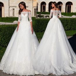 Dresses Gorgeous Offtheshoulder Neckline ALine Half Sleeves Wedding Dresses With Beaded Lace Appliques Illusion Back Bridal Gowns