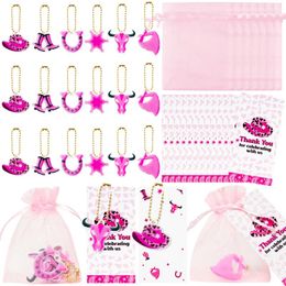 Gift Wrap 72Pcs Pink Cowboy Key Chains Bag Set Thank You Tags Organza Goody Bags Western Cowgirl Lovely Ornaments For Theme Party