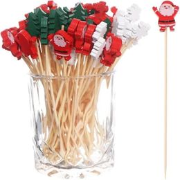 Forks 100pcs Christmas Toothpicks Santa Claus Bamboo Fruit Salad Fork Dessert Buffet Picks Xmas Cake Muffin Sticks Cocktail Decor