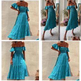 Basic Casual Dresses 2023 Women Elegant Chiffon Deep V-Neck Floral Pattern Butterfly Sleeves Maxi Vacation Clothes Drop Delivery Appar Dh2Vr