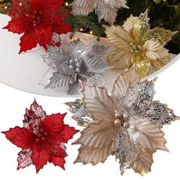 Decorative Flowers 24cm Christmas Poinsettia Glitter Flower Simulated Xmas Tree Hanging Ornaments For Wedding/Party Decor