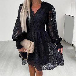 Casual Dresses Ladies Dress Elegant Lace Hollow Out A-line Midi With V Neck Long Sleeves Women's Fall Fashion For A Stylish Look Women