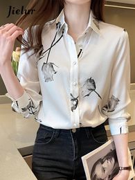 Korean Silk Women Shirts Woman Satin Floral Blouses Shirt Office Lady Print Tops SXXL Blouse 240407