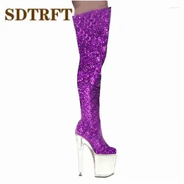 Boots SDTRFT Fetish Botas Mujer 20cm Thin Heels Over The Knee Motorcycle Long Round Toe Lace Up Shoes Woman Sequins Dance Pumps