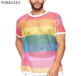 Men039s TShirts Fashion Sexy Mesh Men T Shirts Rainbow Party Tshirt Clothes 2021 Seethrough Fishnet Tshirt Streetwear Mens T7447328