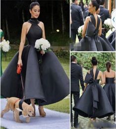 Black High Neck Ball Gown Prom Dresses With Big Bow Satin Ankle Length Evening Gowns Saudi Arabia Formal Party Vestidos6464021