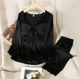 Home Clothing Casual Sleep Set Autumn Homewear Black Satin Women 2PCS Pyjamas Suit Long Sleeve Lace Intimate Lingerie