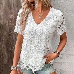 Women's Blouses Lace Embroidery V-neck Women Blouse Rose Flower Short Sleeve Tee Summer Charming Loose T-shirt Casual Tunic Blusas