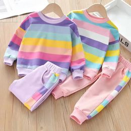Fall Baby Girls Clothes Rainbow Stripe Long Sleeve Top Buttom Set Sweater Pullover and Sports Pant Suit Kid 2pcs Tracksuit 240403