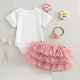 Clothing Sets Infant Baby Girls Birthday Clothes Set Letter Print Short Sleeve Crew Neck Romper Mesh Tutu Skirts Headband 3Pcs Drop De Ot9O8