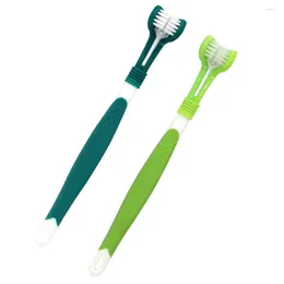 Dog Apparel 2pcs Triple Headed Cat And Finger Handle Toothbrushes Toothpaste For Dogs Cats Most Pets ( Dark Green )