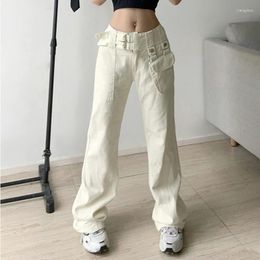 Women's Jeans Spring White Vintage High Waist Fashion Pocket Straight Wide Leg Pants Street Casual Baggy Mopping Denim Trouser Ladies