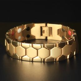 18MM Wide 4 In 1 Magnetic Therapy Man Bracelet For Pain Relief Indian Mens Jewelry Gold Color Stainless Steel Mens Bracelets 240402