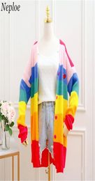 Neploe Rainbow Stripe Sweater Cardigan Korean Causal Women Clothes Vneck Knitted Jacket Single Breasted Sweater Coat 373748826052