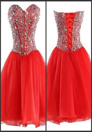 Red Dress Cheap Party Gown Short Mini Wear Crystals Beading Lace Up Back Sequin Dress Sleeveless Sweetheart Neck Custom Sweet 15 D4472231