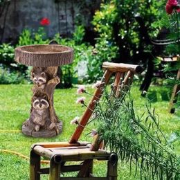 Garden Decorations Raccoon Statue Figurine Backyard Yard Lawn Landscape Bird Bath Bowl Resin Feeder For Park Porch Railing Courtyard Outside