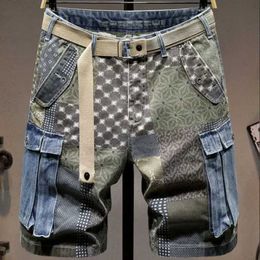 Men's Shorts Graphic Man Denim Shorts Multi Color Mens Jeans Suitable for Mens Goods Bermuda with Text Elastic Jorts Thin Blue Korean Fashion XL J240407