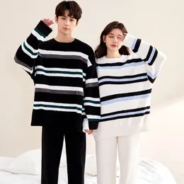 Home Clothing High Qulaity Couple Pajamas Set Flannel Sleepwear Women Men Warm Fleece Pijama Winter Lovers Striped Kimono