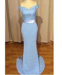 Light Sky Blue Evening Dress Mermaid Off Shoulder Open Back Lace Bridesmaid Formal Party Gowns Modern Custom Made New Real Po4992678