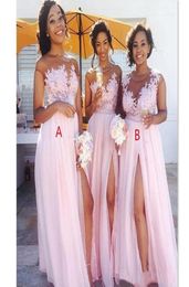 Cheap Country Blush Pink Bridesmaid Dresses 2020 Sexy Sheer Jewel neck Lace Appliques Maid of Honour Dresses Split Formal Evening G3732387