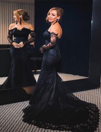 Black Lace Formal Dresses Evening Wear Off The Shoulder Sweetheart Neck Mermaid Evening Gowns Sleeves Sweep Train Long Prom Dress2930036