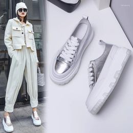 Casual Shoes Vulcanized Women Sheepskin Leather Flat Platform Loafers Shoe Lace Up Board Silver Student Sneakers