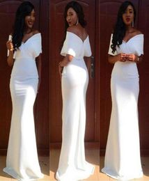 New Plus Size White Mermaid Evening Dreses 2017 Sexy V Neck Off Shoulder Plain Satin Aso Ebi Style African Cheap Prom Dresses 4404303502