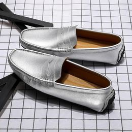 Casual Shoes Waterproof Canvas Loafers Men's Slip-On Flat Silver White Leather Moccasin Soft Bottom Driving Wedding 38-49