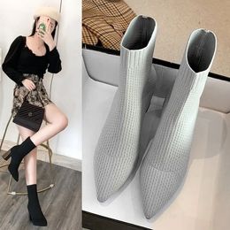 Aphixta Metal Blade Heels Socks Boot Stretch Fabric Elastic Stilettos Heel Pointed Toe Ankle Boots Shoes Woman Boats 240329