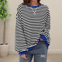 Women's Blouses Women Simple T-shirt Striped Colour Block Pullover Tops Crew Neck Long Sleeve Loose Fit Streetwear For Daily Wear