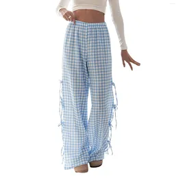 Women's Pants Women Plaid Stripe Print Side Tie-Up Loose Trousers Trend 2000s Wide Leg Summer Casual Sweatpants Bottoms