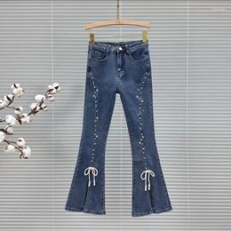 Women's Jeans Beaded Slit Micro-cropped For Women 2024 Autumn High-waisted Cotton Elastic Slimming Diamond Inlaid Nine-point Pants