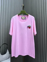 Designer 2024 Fashion Summer Cherry Pattern Solid Short Sleeve T-shirt Women Cotton Round Neck Casual Loose Tops