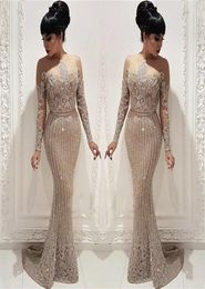 Sparkling Arabic Sequins Lace Mermaid Prom Dresses Elegant Long Sleeves Sheer Crew Neck Evening Gowns Plus Size Vestidos De Festa 6464333
