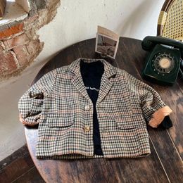 Jackets Children's Casual Blazer Jacket 2024 Autumn Boys And Girls Mid-length Plaid Baby Single Breasted Outwear Coat