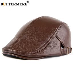 Stingy Brim Hats BUTTERMERE Men Beret Hat Real Leather Flat Cap Sheepskin Autumn Winter Male Brown Adjustable High Quality Gatsby Mens Caps Q240403