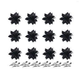 Decorative Flowers 12Pcs Black Artificial With Clips Glitter Christmas Tree Desktop Ornament Xmas Party Home DIY Decoration