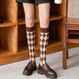 Women Socks Knee-high Stockings College Style Rhombus Plaid Knee Autumn Winter Keep Warm Female Sock Fashion Ladies Long