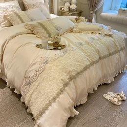 Bedding Sets French Lace Handmade Beads Set 1000TC Egyptian Cotton Flowers Embroidery Ruffles Duvet Cover Bed Sheet Pillowcases