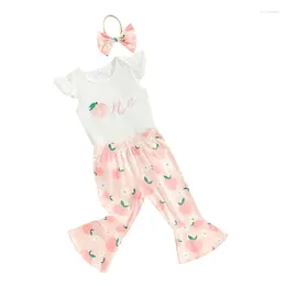 Clothing Sets Baby Girls Birthday Outfits Peach Embroidery Romper And Flared Pants Headband Summer 3 Piece Clothes