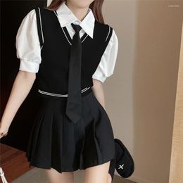 Clothing Sets 2024 Spring Summer Black White Khaki JK Uniform Full Set Korean Women 3 Pieces Suit Tie Cotton Bubble Sleeve Shirt Blouse