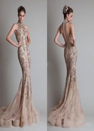 2017 Champagne Evening Dresses High Neck Mermaid Court Train Zuhair Murad Vestidos With Golden Appliques Back Covered Buttons Prom3341757